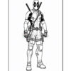 Line art illustration of a superhero in a costume with swords on his back, gun holsters, and a logo on his chest.