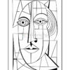 A stylized black-and-white abstract drawing of a face featuring geometric shapes, outlined eyes, and bold lines.
