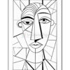 A black and white abstract line drawing of a face with geometric shapes, featuring a prominent eye and angular features.