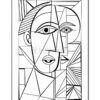 A line art illustration featuring an abstract face divided into geometric shapes, showcasing bold contours and varying angles.