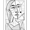 A black and white line art illustration of a stylized face with geometric shapes, featuring large eyes and a calm expression.