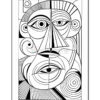 Abstract line drawing featuring geometric shapes, a stylized face with exaggerated features, and swirling patterns.