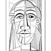 A line art illustration of a stylized face with geometric shapes and distinct facial features.