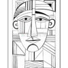 A black and white abstract line drawing of a face, featuring geometric shapes and distinct facial features.