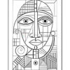 Abstract black and white drawing of a face with geometric shapes and patterns, featuring large eyes and a symmetrical design.