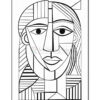A black and white abstract line drawing of a face, featuring geometric shapes and patterns, reminiscent of Cubist art.