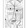 A geometric line drawing of a face, with angular shapes, bold outlines, and varied textures across the features.