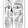 Two abstract faces with geometric patterns and lines, showcasing a stylized and modern artistic design.
