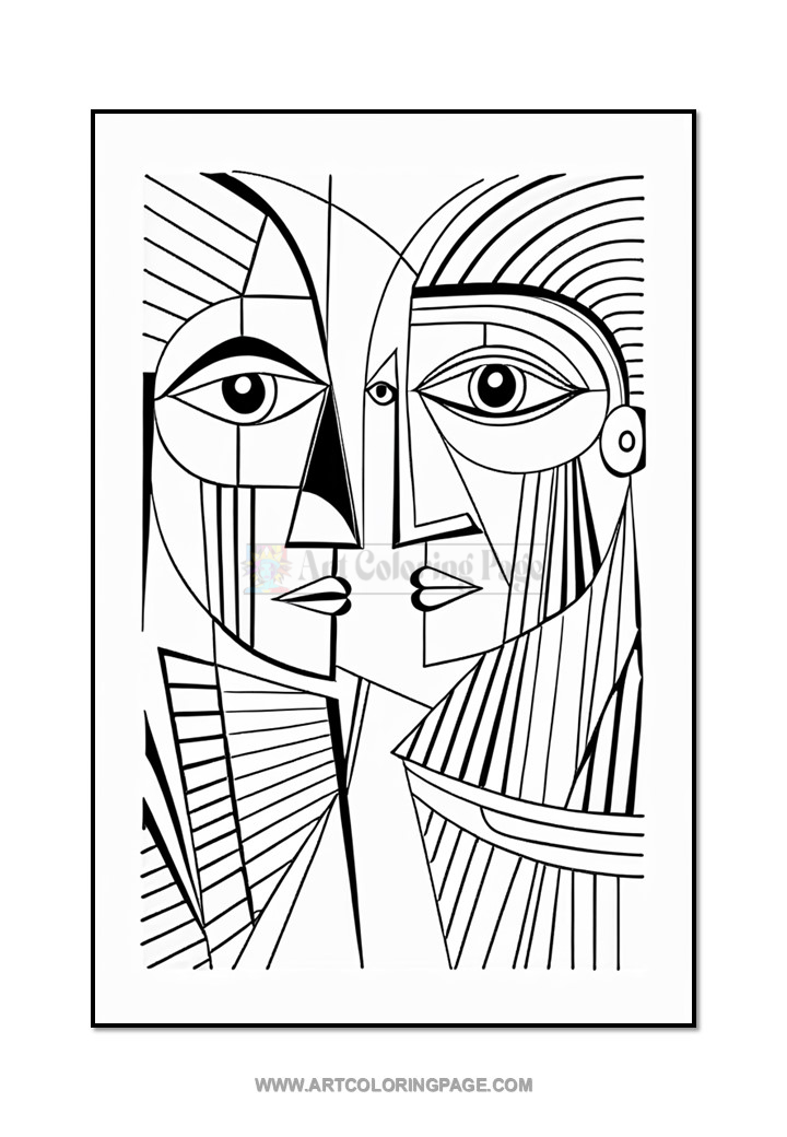 Two abstract faces with geometric patterns and lines, showcasing a stylized and modern artistic design.
