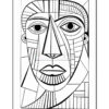 Black and white abstract face illustration with geometric patterns and distinct facial features.