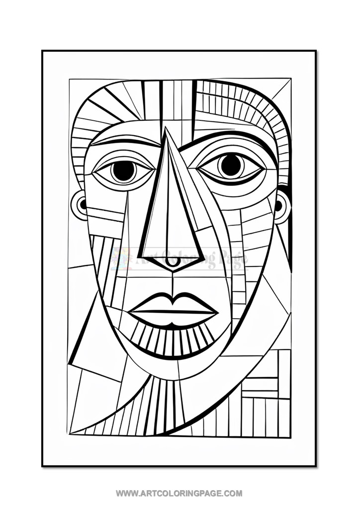 Black and white abstract face illustration with geometric patterns and distinct facial features.