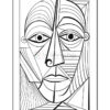 Line art illustration of a stylized face with geometric patterns and distinct features, designed for coloring.