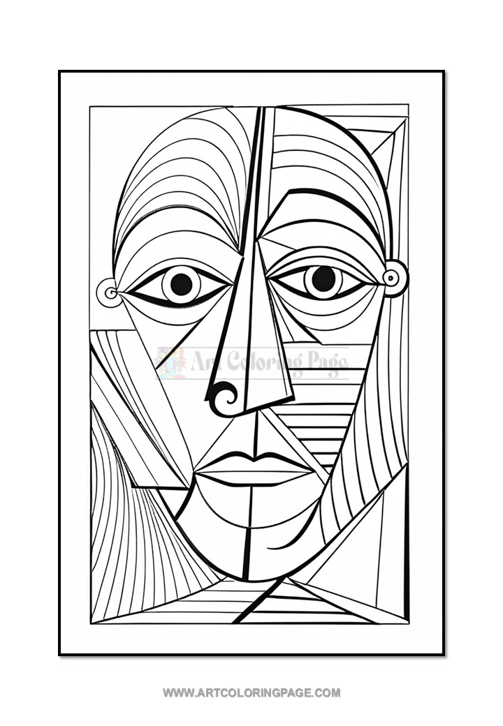 Line art illustration of a stylized face with geometric patterns and distinct features, designed for coloring.