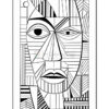 Black and white abstract line art featuring a stylized face with geometric patterns and shapes.