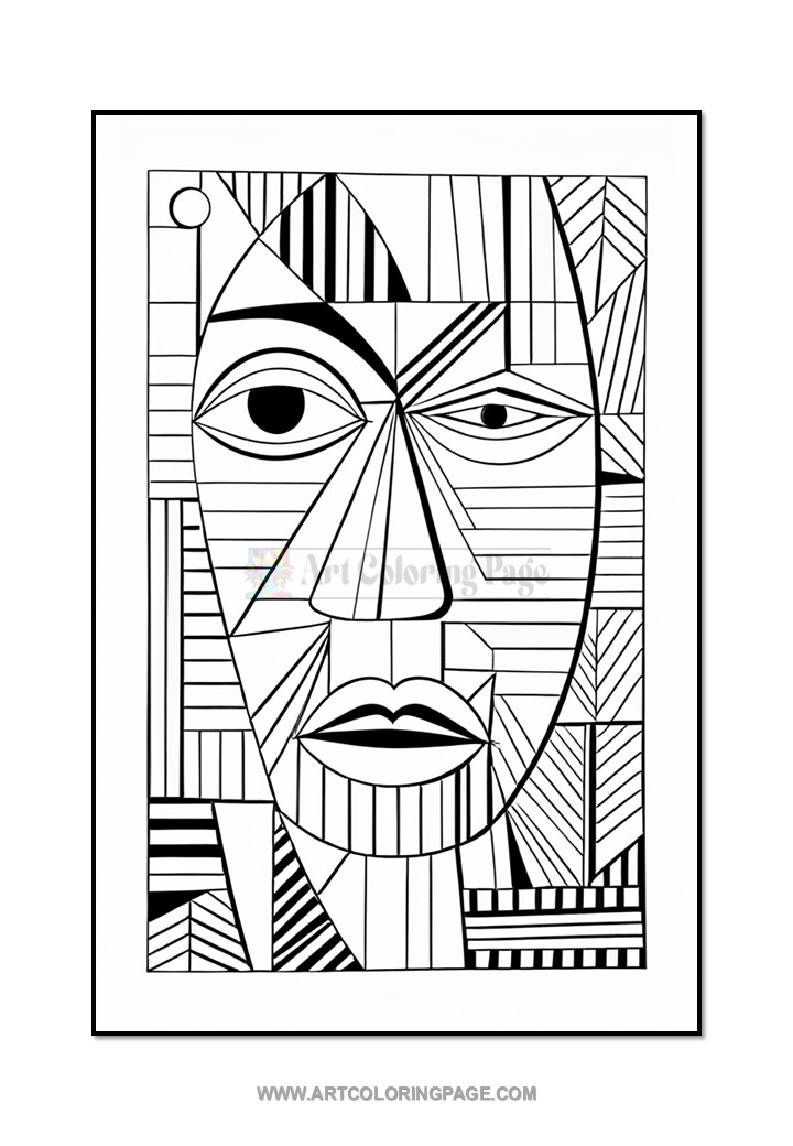Black and white abstract line art featuring a stylized face with geometric patterns and shapes.