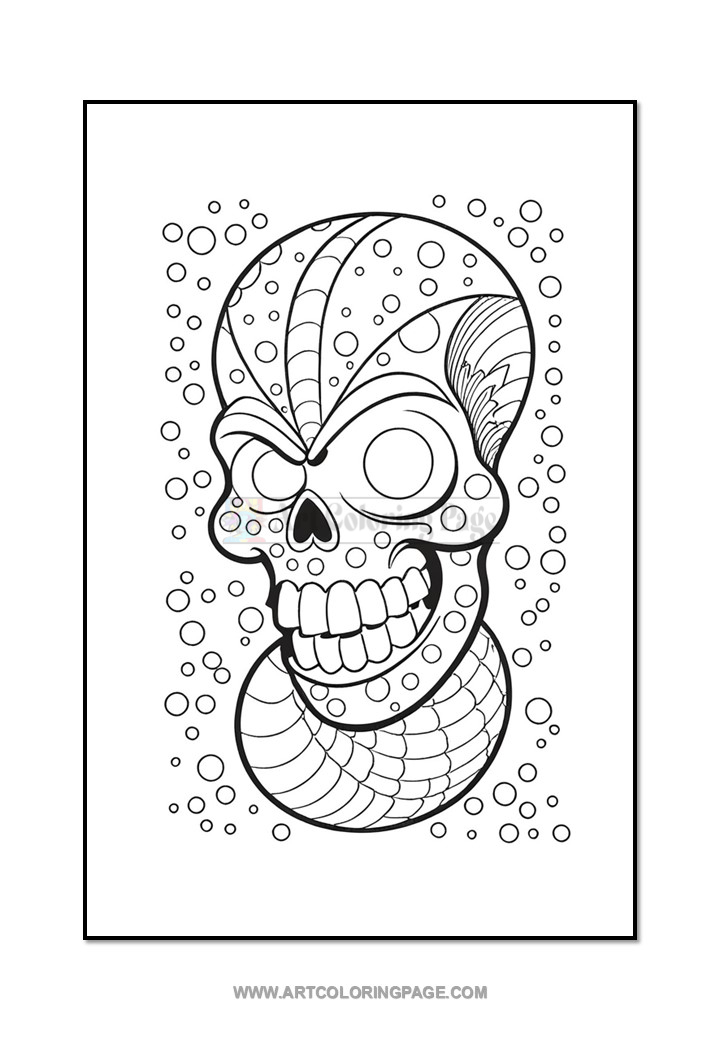 A decorative skull illustration with intricate patterns, surrounded by bubbles and waves.