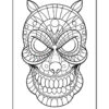 A detailed black and white skull design featuring intricate patterns and a mischievous expression, suitable for coloring.
