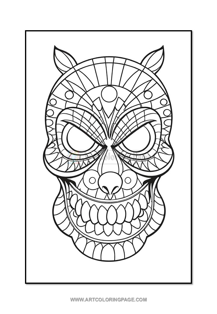 A detailed black and white skull design featuring intricate patterns and a mischievous expression, suitable for coloring.