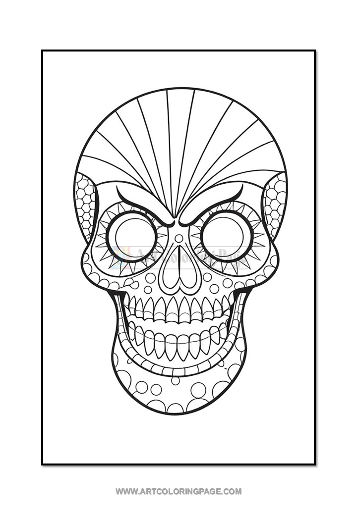 Intricate black and white skull illustration with decorative patterns and empty eye sockets, designed for coloring.