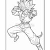 A cartoon character with spiky hair and a tail, striking a fighting pose, in a black and white coloring page style.