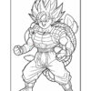 A character with spiky hair and a muscular build, wearing a martial arts outfit, is posed confidently in a coloring page design.