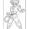A line art drawing of a muscular character with spiky hair, wearing traditional martial arts attire and posing confidently with a shield.