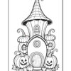 A whimsical pumpkin-shaped house with a pointed roof, surrounded by carved jack-o'-lanterns and smaller pumpkins.