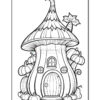 A whimsical mushroom-shaped house surrounded by pumpkins, featuring a round door and a leafy top.