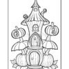 A whimsical, cartoon-style house with a tall, pointed roof, surrounded by pumpkins and mushroom-like plants.