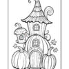 A whimsical house with a curved roof and decorative details, surrounded by various pumpkins and a small mushroom.