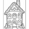 A black and white outline illustration of a whimsical house with a peaked roof, decorated with wavy icing and multiple windows. There are two small trees in front of the house, and the door features a circular window.