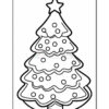 Black and white outline of a Christmas tree with a star on top, decorated with circular ornaments and a wavy garland, ready for coloring.