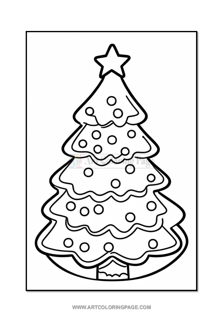 Black and white outline of a Christmas tree with a star on top, decorated with circular ornaments and a wavy garland, ready for coloring.
