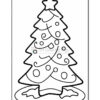 A black and white outline drawing of a Christmas tree with a star on top, decorated with circular ornaments and a base made of snow. The image is designed for coloring activities.
