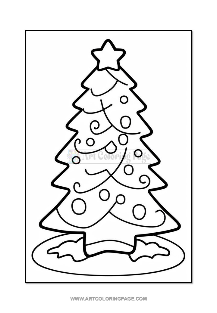 A black and white outline drawing of a Christmas tree with a star on top, decorated with circular ornaments and a base made of snow. The image is designed for coloring activities.