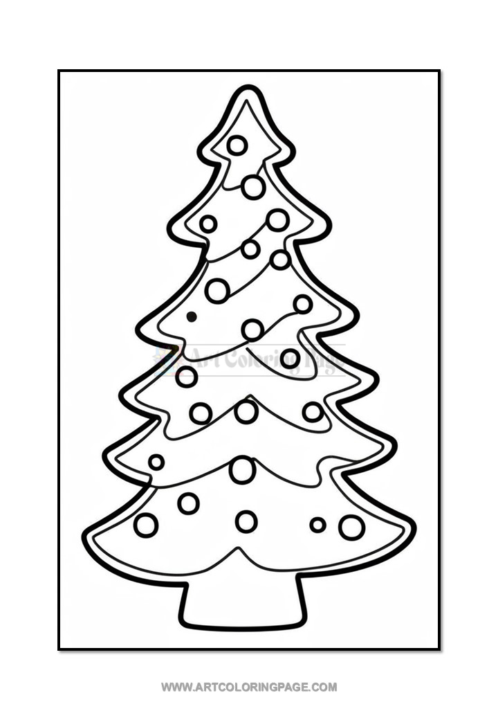Outline drawing of a Christmas tree adorned with round ornaments and a simple trunk, intended for coloring activities.