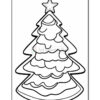 A black and white outline illustration of a Christmas tree with layered branches and a star on top, designed for coloring activities.