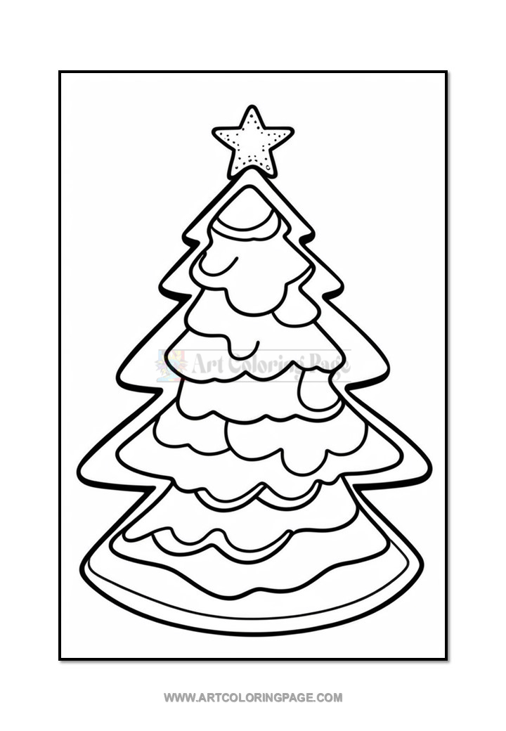 A black and white outline illustration of a Christmas tree with layered branches and a star on top, designed for coloring activities.