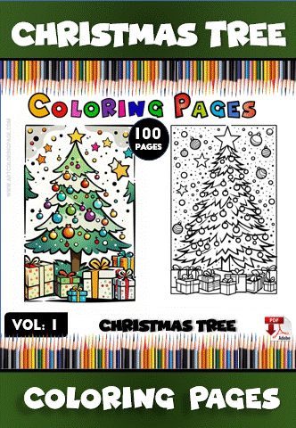 Two Christmas tree coloring pages from artcoloringpage.com, showcasing colorful designs and a black-and-white version for coloring.