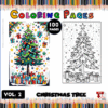 Coloring pages featuring a decorated Christmas tree with gifts, promoting artcoloringpage.com and highlighting a coloring book with 100 pages.