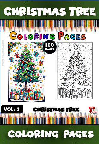 Coloring pages featuring a decorated Christmas tree with gifts, promoting artcoloringpage.com and highlighting a coloring book with 100 pages.