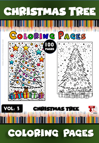 Coloring pages featuring a decorated Christmas tree, with colorful presents, available at artcoloringpage.com.