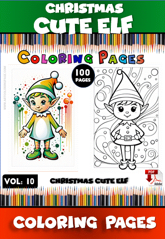 Cute elf character in colorful and black-and-white designs for a Christmas-themed coloring book page from artcoloringpage.com.
