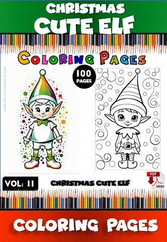 Christmas Cute Elf coloring pages featuring a festive design with two illustrations; one of an elf and a playful character. Ideal for a coloring book from artcoloringpage.com.