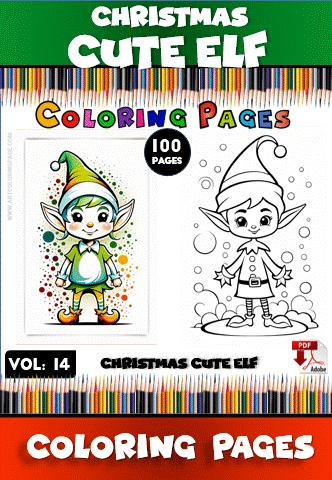 A colorful Christmas-themed elf illustration with a whimsical design and bold text highlighting it as a coloring page for a book.