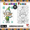 Cute elf coloring page from a Christmas coloring book, featuring colorful designs and a black and white outline for coloring.