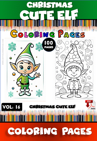 Cute elf coloring page from a Christmas coloring book, featuring colorful designs and a black and white outline for coloring.