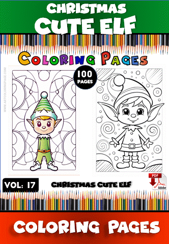Illustration of a Christmas-themed coloring book featuring a cute elf design, highlighting "coloring pages" and "artcoloringpage.com."