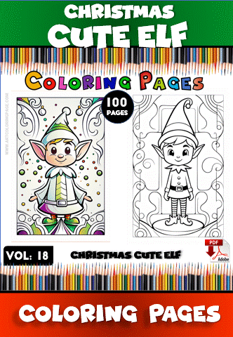 Christmas Cute Elf coloring pages from artcoloringpage.com featuring a colorful design and a black-and-white outline for a coloring book.