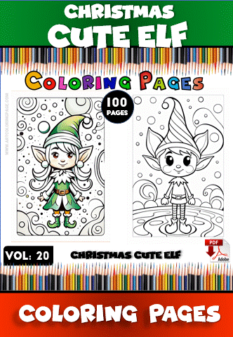 Christmas cute elf coloring page from a coloring book, featuring two printable designs with a festive theme and whimsical elements.